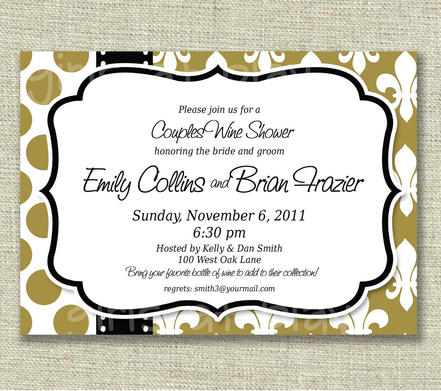 Elegant Bridal Shower Invitation French Fleur de Lis Dots Gold Black -Printable -by girlsatplay Il_170x135