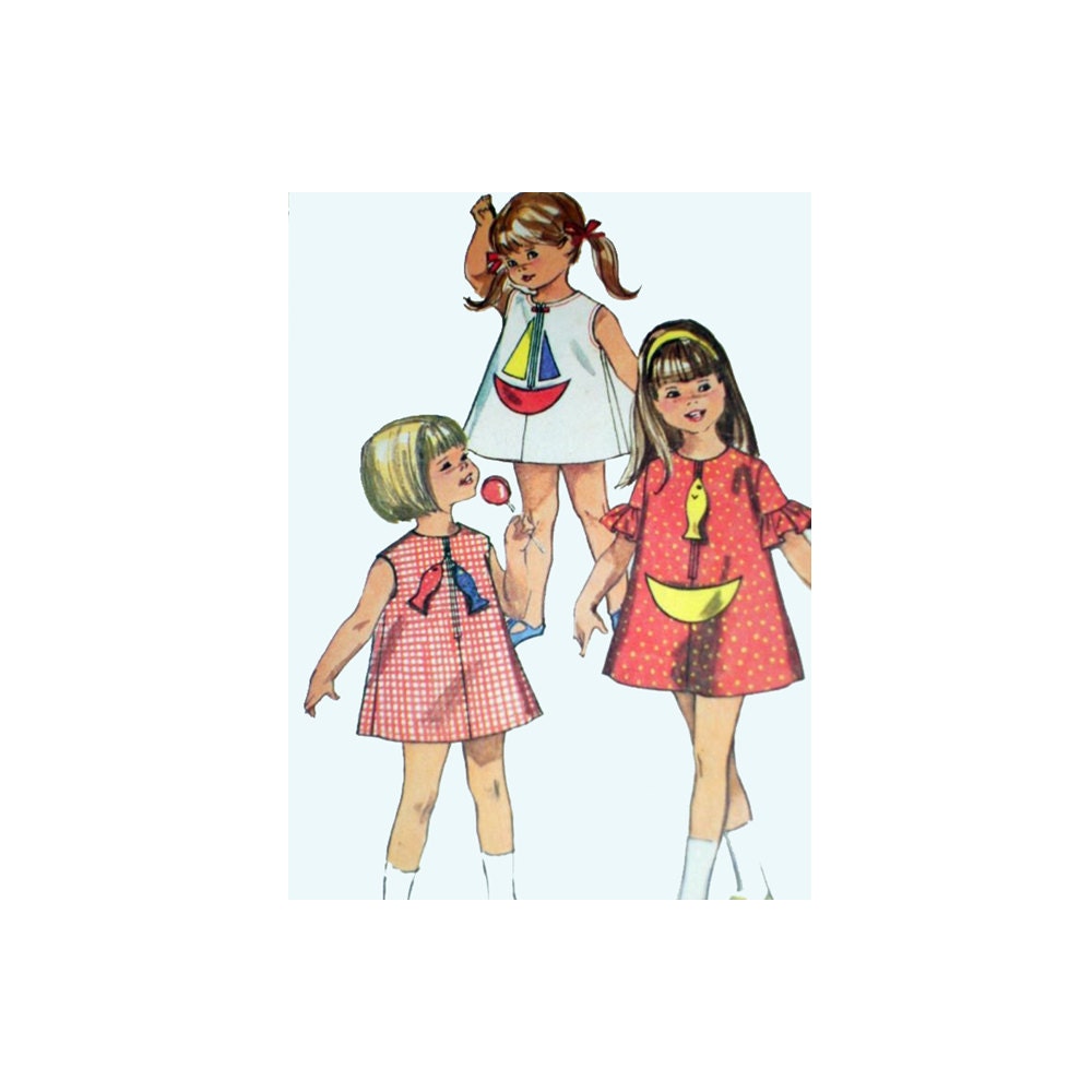 Simplicity 7037 Sewing Pattern 1967 Boat Fishing Applique Dress Girls Size 6