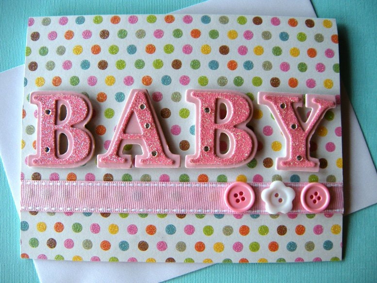 Sweet Pink Polka Dot Baby Girl Congratulations Greeting Card with Button Accent