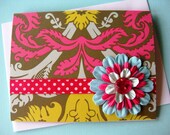 Amy Butler Pattern Happy Birthday Greeting Card with Blue and Hot Pink Paper Flower Accent