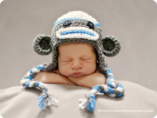 Newborn White, Blue & Dark Gray Sock Monkey Earflap Hat - Photography Prop