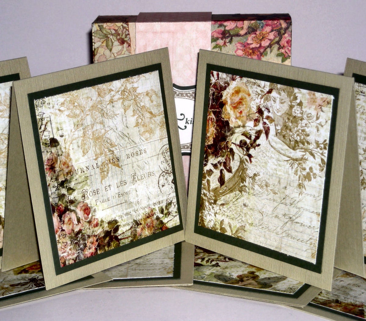 Garden of Roses boxed set of 8 folded notecards - Roses Notecards Boxed Set Shabby Chic Vintage-style Handmade cards