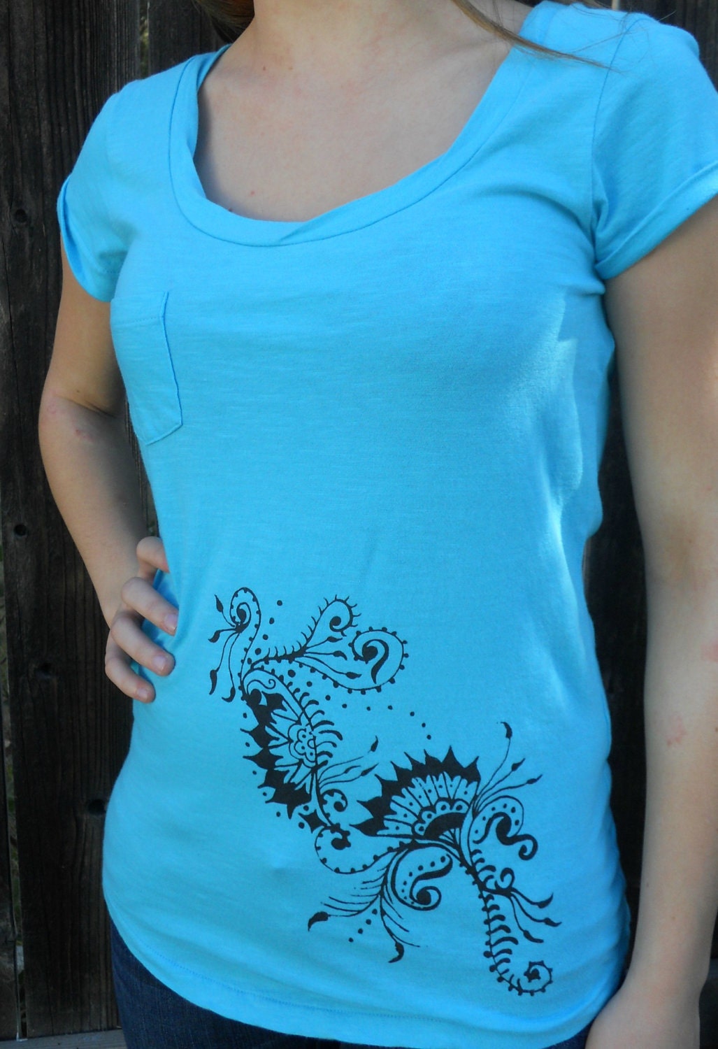 Peacock Flower Blue Tee Large