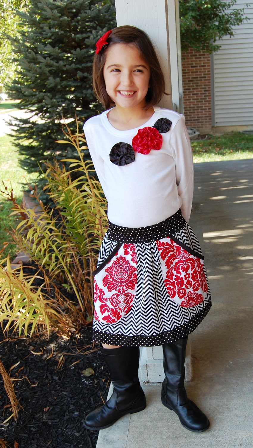 Holiday Christmas Red Damask Black White Zig Zag Modern Girls Pocket Skirt Fall Winter 0-6 months thru 5  6 10 available