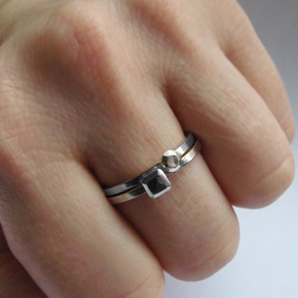Mini diamond stack rings - faceted metal gem - recycled sterling silver - stack rings - mini Modern Rock set, size 7
