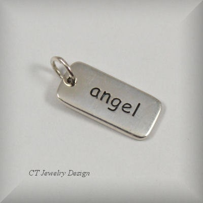 Sterling Silver Mini Rectangle Angel Word Tag Charm