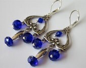 Victorian Chandelier Earrings Indigo Blue Silver Dangle Czech Glass