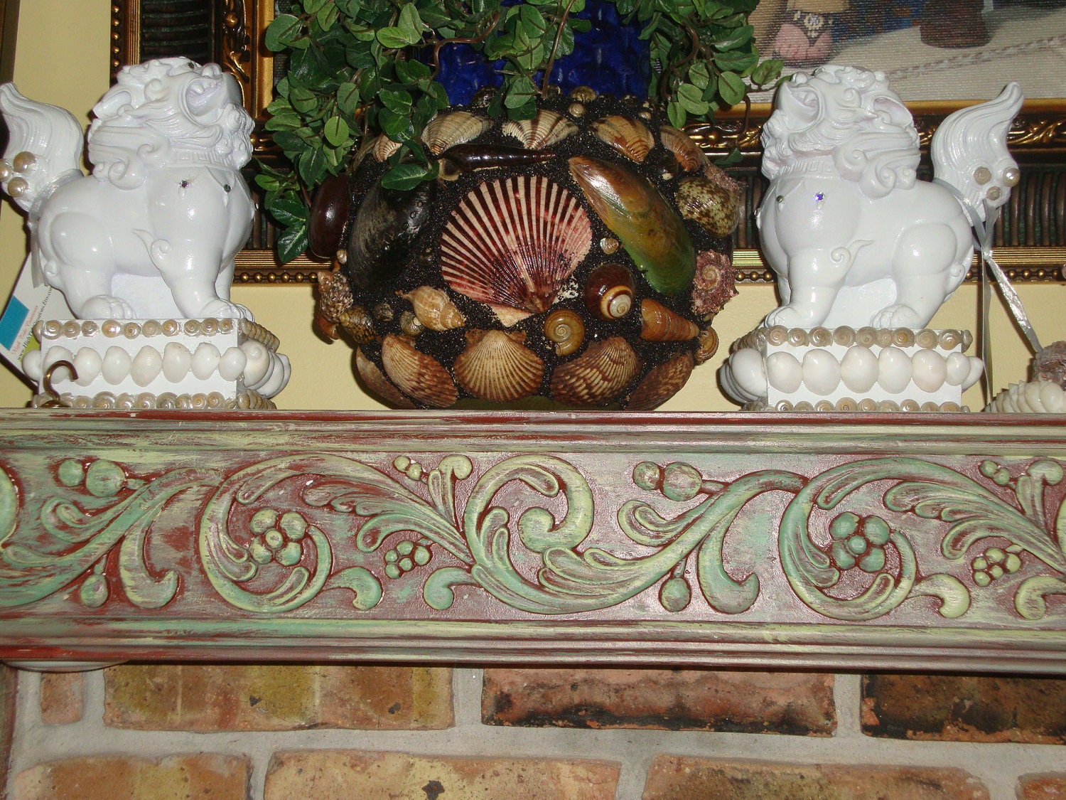 A Pair of Foo Dogs with Seashells and Crystals