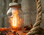 Mason Jar Lighting Rustic Wedding Decor Glass Lighting Shabby Chic Lighting Night Light or Desk Lamp - Vintage Industrial Rope Design
