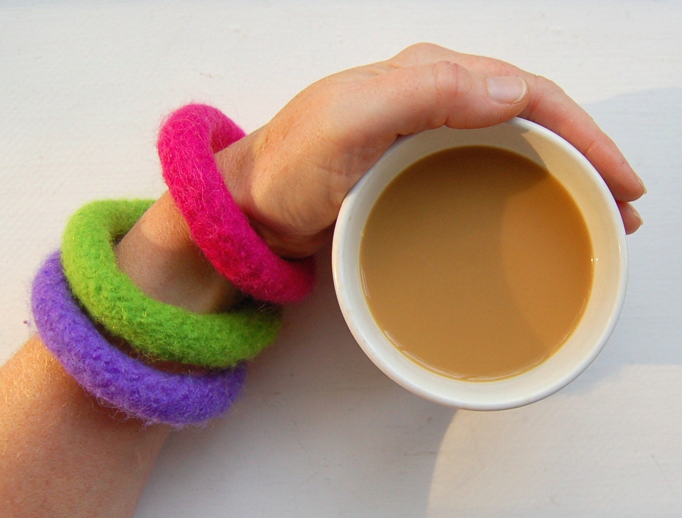 felted wool bangle bracelets set of three brights lime fuchsia periwinkle