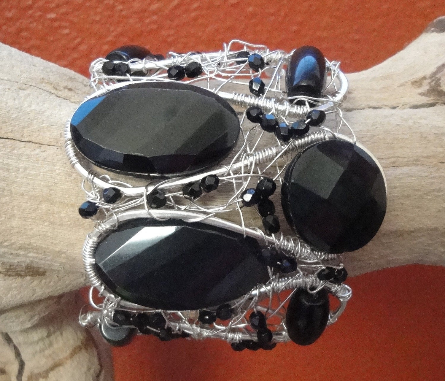 Black Cuff Bracelet sterling silver filled with obsidian gemstones and czech glass