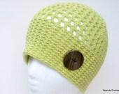 Crochet Hat Beanie Womens Teens Soft Celery Green Wide Band with Handcrafted Wood Button