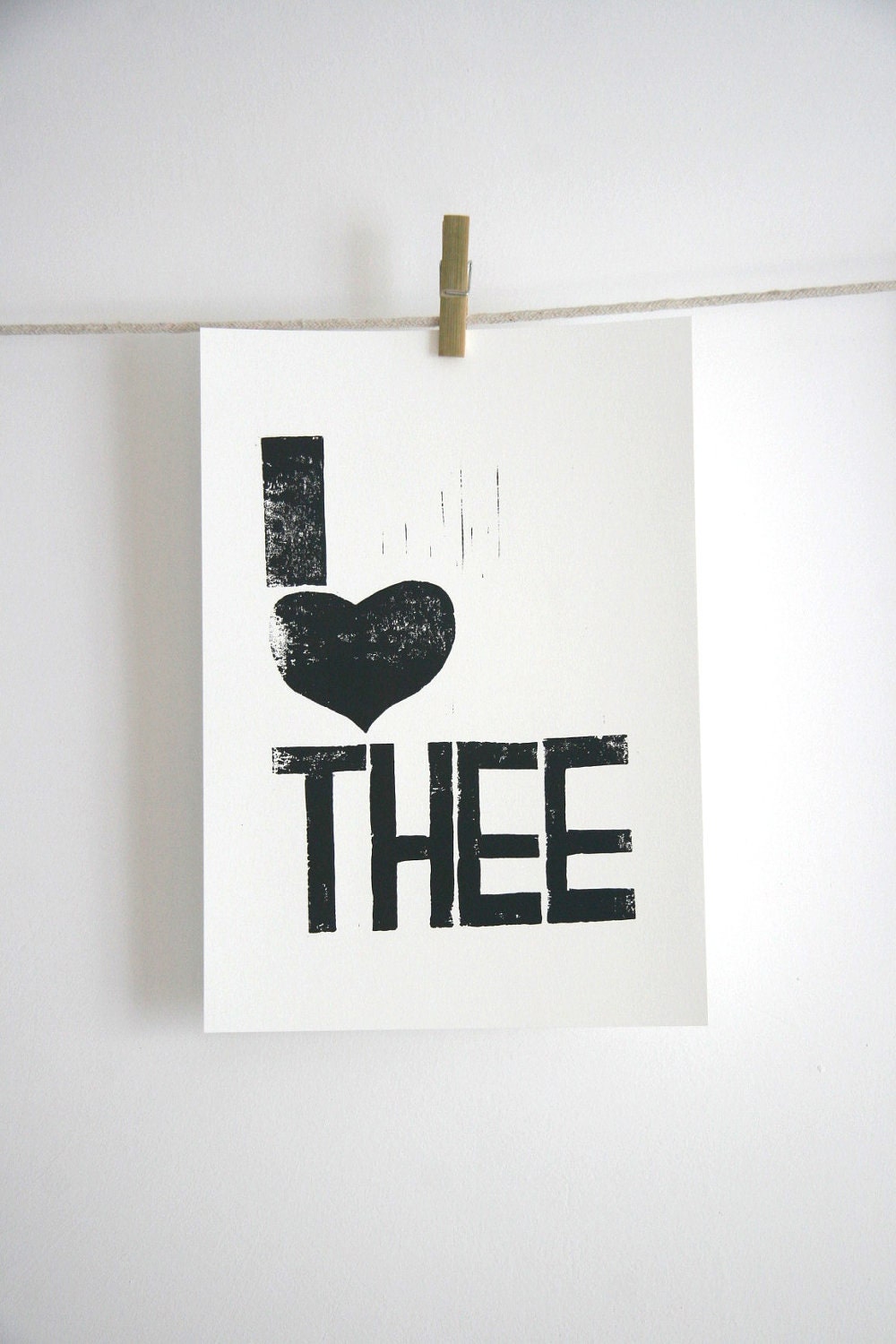 Linocut Print - I LOVE THEE - letterpress typography Archival Art Print black ink