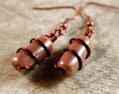 Copper Earrings, Wire Wrapped Earrings, Brown Beads