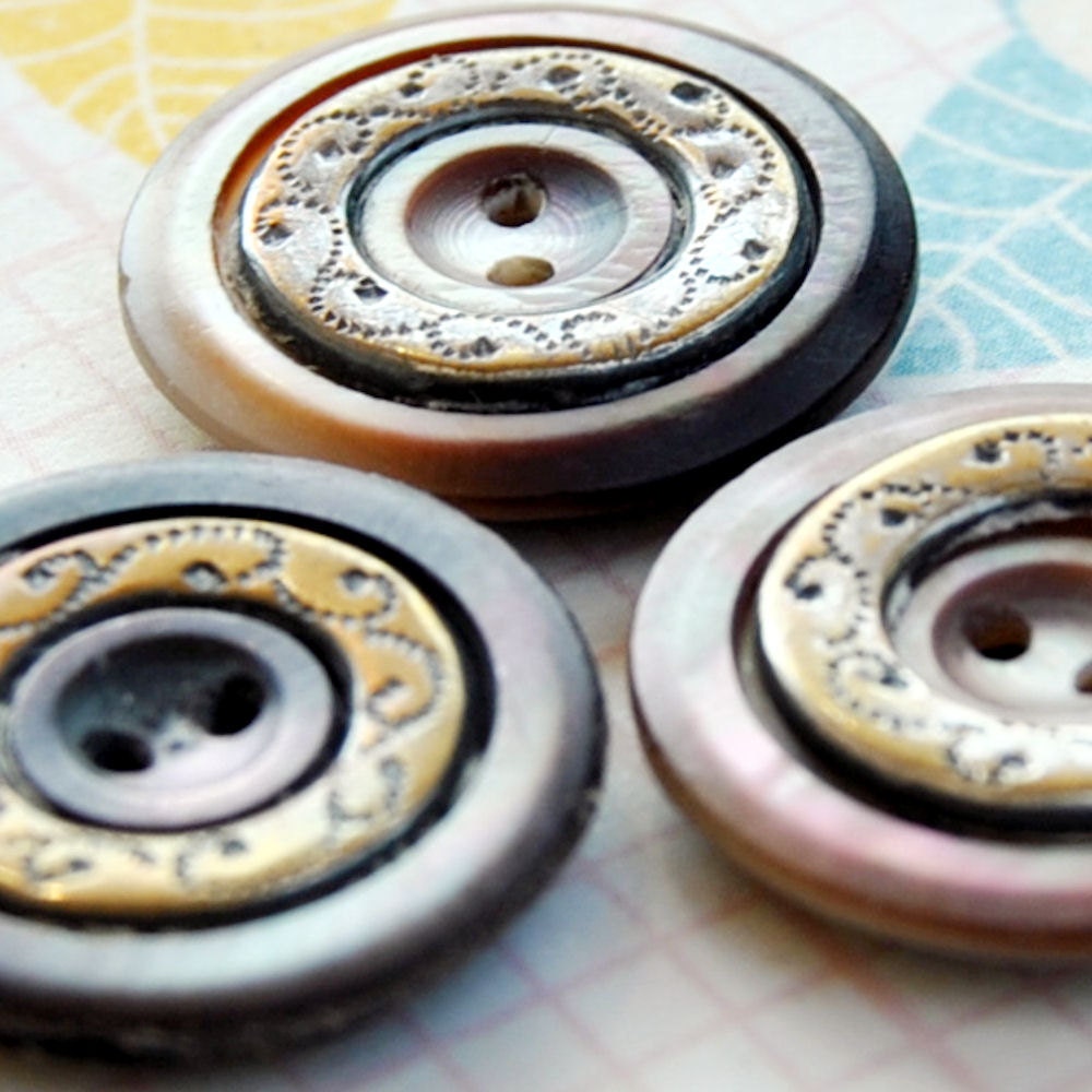 Shell Antique Buttons Brass Encrusted Mother of Pearl 1880 Set of 3 L554