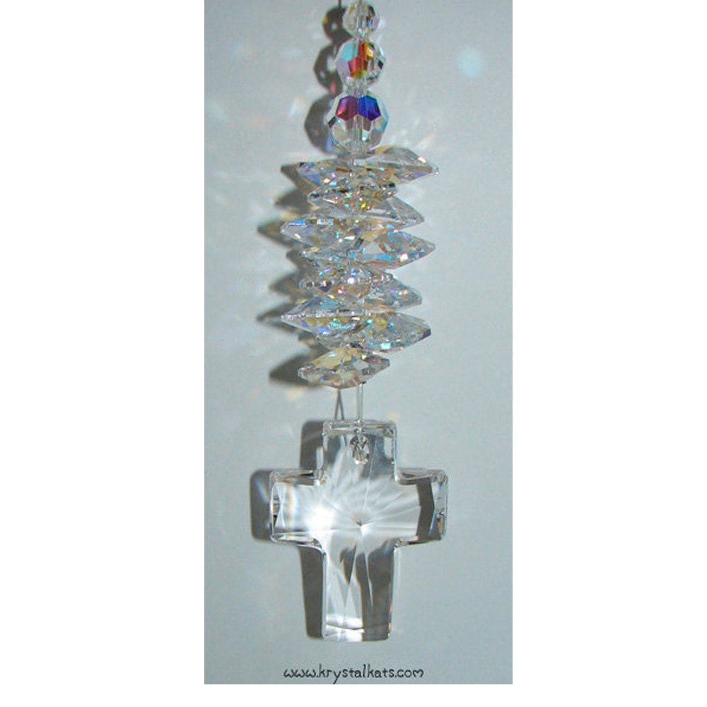 Crystal AB (Aurora Borealis) 40mm Beaded Cross Suncatcher Magical Dancing Rainbows