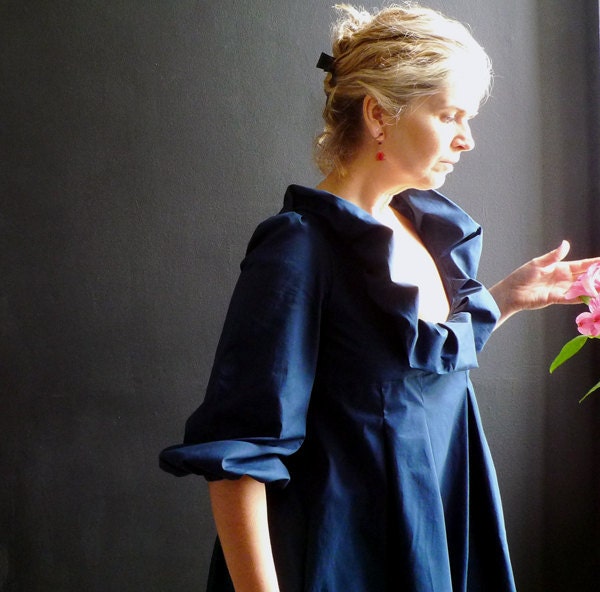 Navy Blue Cotton Poplin Dress with Pleated Collar