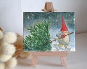 CHRISTMAS DECORATION Miniature Canvas Picture & Easel - Elf, Hedgehogs, Robin
