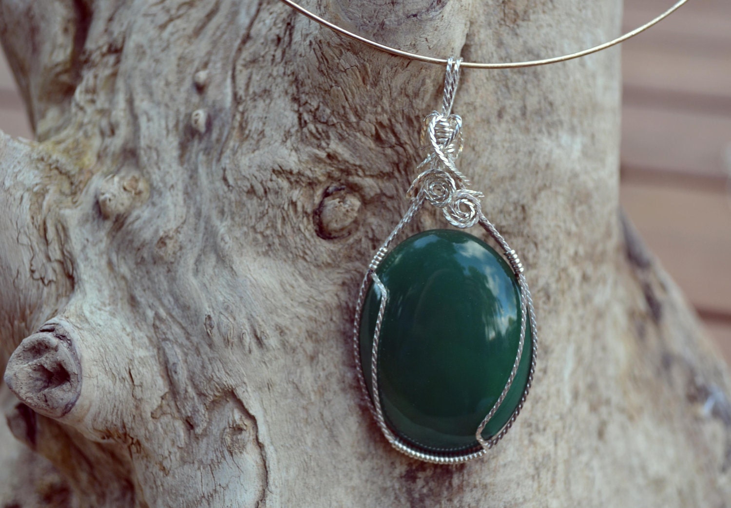 Green Onyx Pendant Wire Wrapped in Twisted Silver