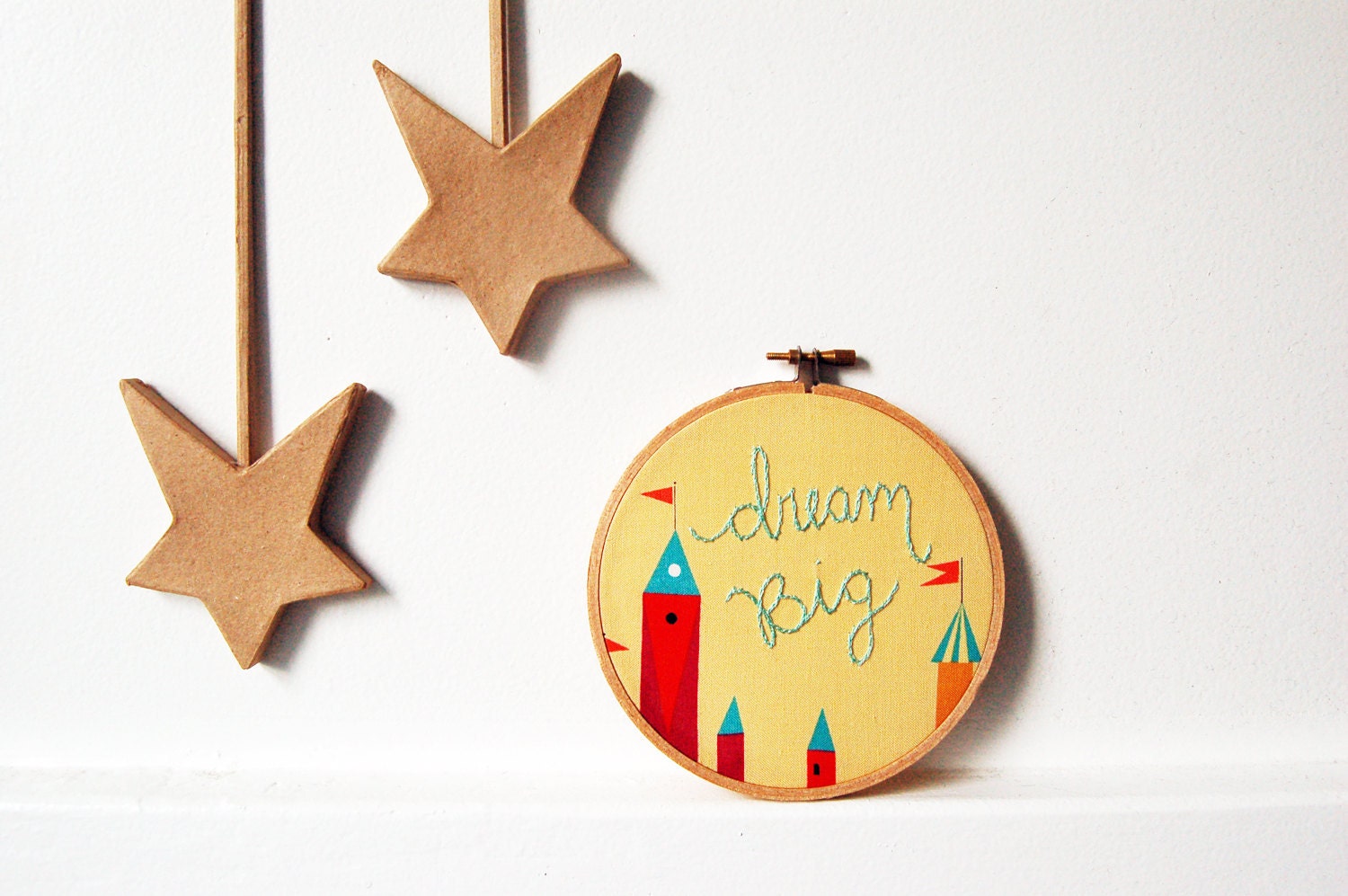 Embroidered Text in Hoop, Dream Big, 5 inch. Whimsical, Colorful Castles. Handmade by merriweathercouncil on Etsy