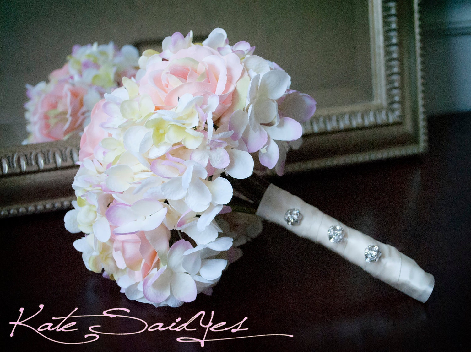 Wedding Bouquet - Pink Rose and Hydrangea Silk Bridal Wedding Bouquet