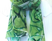 Hand Painted Silk Scarf Floral. Emerald Green Roses Silk Scarf. Silk Chiffon Scarf. 22x90 in. MADE TO ORDER.