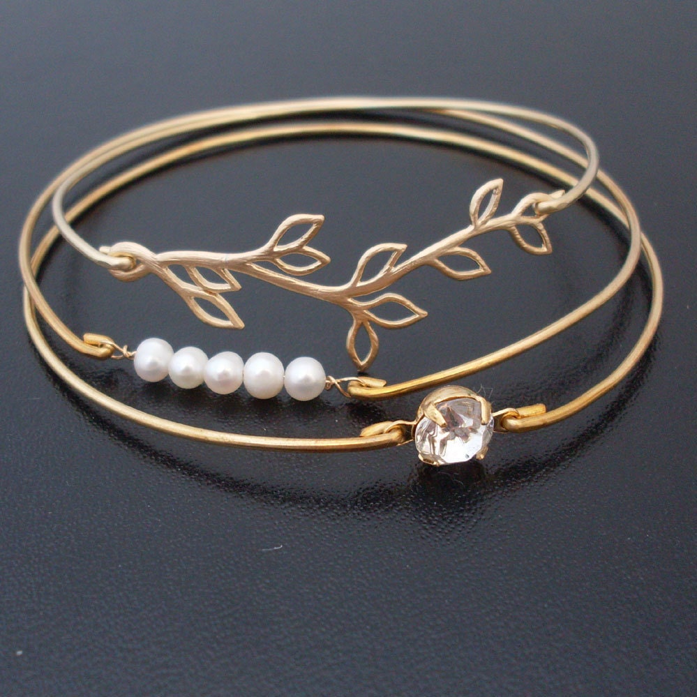 Romantic Wedding Bangle Bracelet Set - Gold, Pearl, Rhinestone, White Freshwater Pearl Wedding Bracelet, Fresh Water Pearl Wedding Jewelry