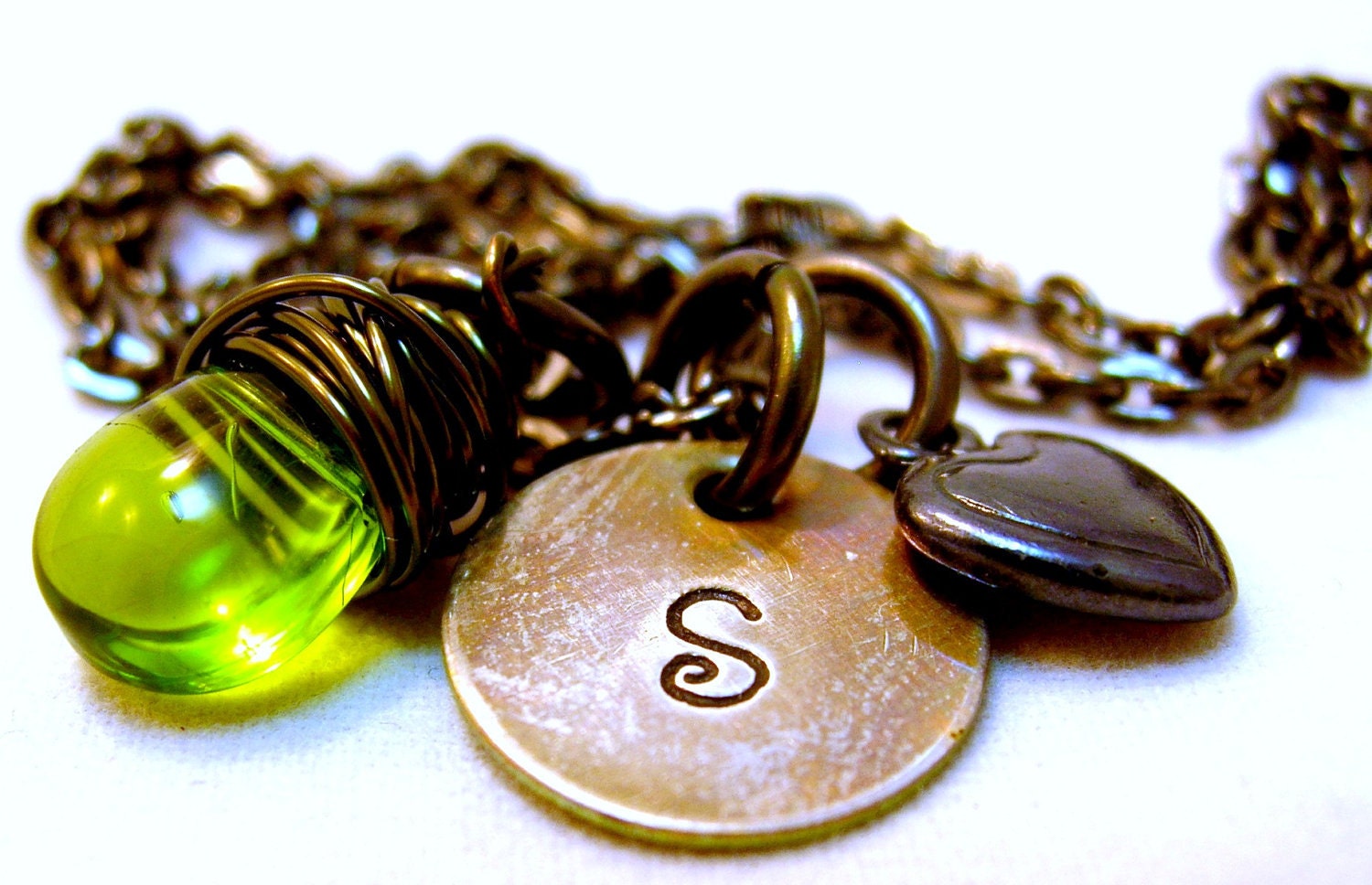 Rustic Small Sterling Silver disc Initial Mongrammed Organic Rust Creation Gun Metal Puff Heart Gun Metal Chain GunMetal wire Green Teardrop
