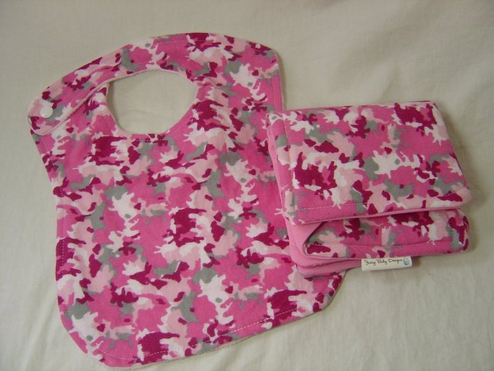 Cute baby girl Burp Cloth and Bib with crumb catcher SET in pink camo print