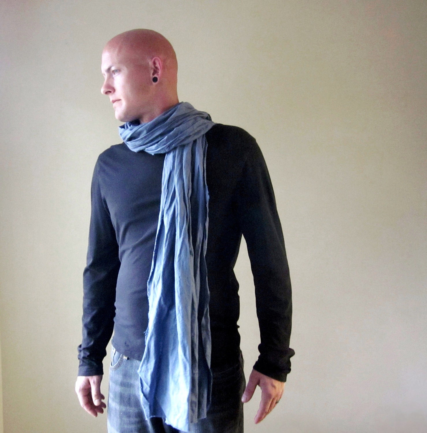 LONG mens scarf in slate blue linen - by EcoShag