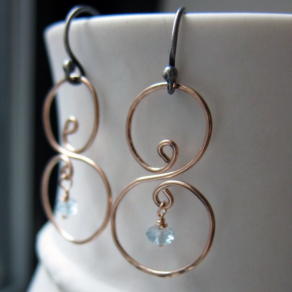 14k rose gold filled swirls, dangle earrings, blackened silver, blue topaz rondelles