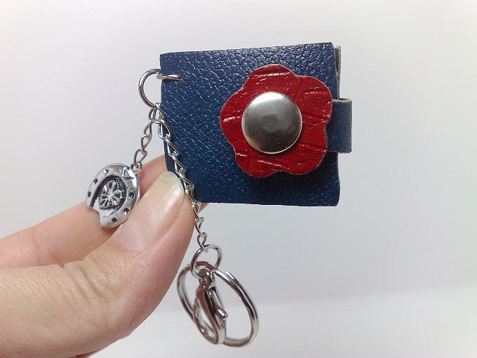 Handmade mini book-journal /  key chain/ (or necklace) blue genuine leather OOAK heart blue paper