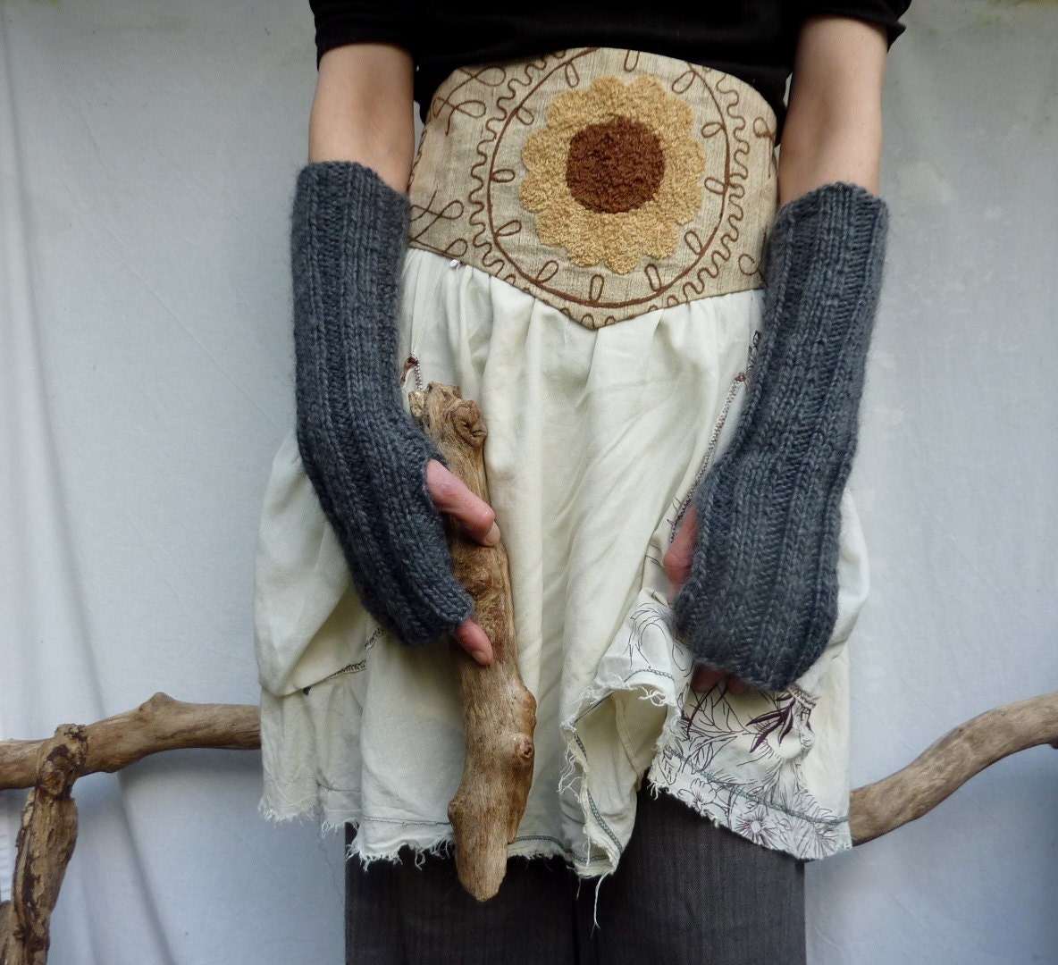 Tree Hugger Warmers, hand knitted sleeves in slate gray rib