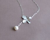 Essential Orchid and Pearl Lariat with Sterling Silver Chain -- Silver Necklace