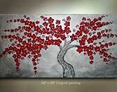ORIGINAL Tree painting Grey Silver red Flower Texture Art metallic 24x48 Modern Contemporary art Made to Order by OTO