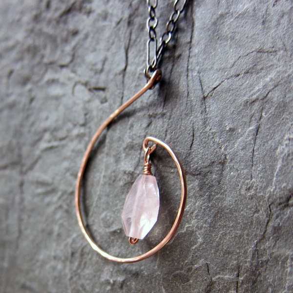 Rose quartz briolette, 14k rose gold filled, pink gemstone necklace, blackened silver, gift under 50