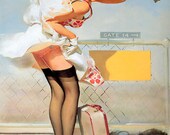 Free US shipping Handprinted Cotton Art Reprodn Applique Vintage Sexy Pin-up Girl Gil Elvgren "Up in the air" , 1965
