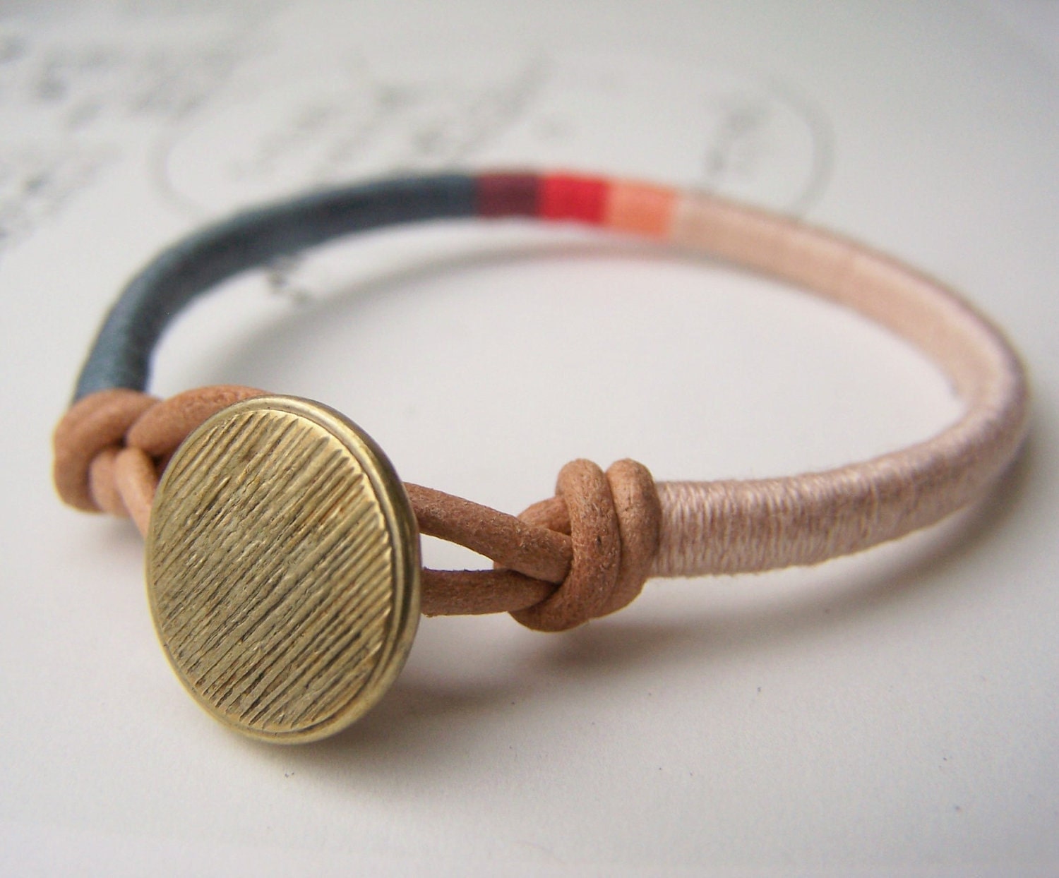 COOPER bracelet - textile, leather, button closure (slate mauve melon apricot ginger), handmade jewelry
