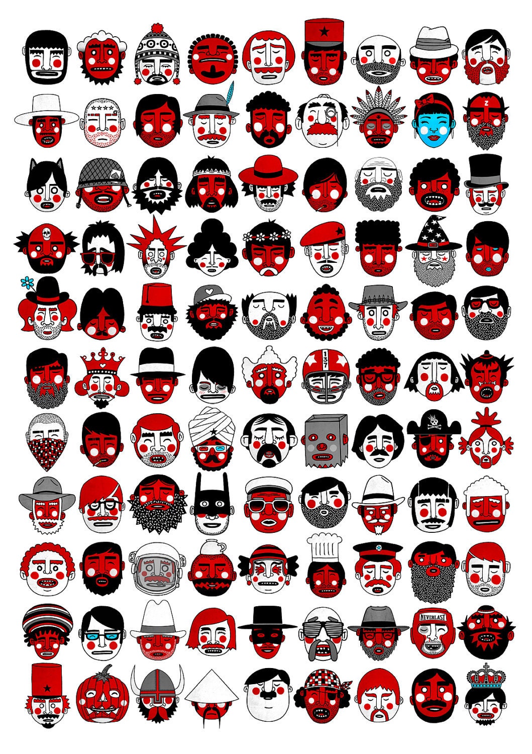 99 Faces - illustration print A2