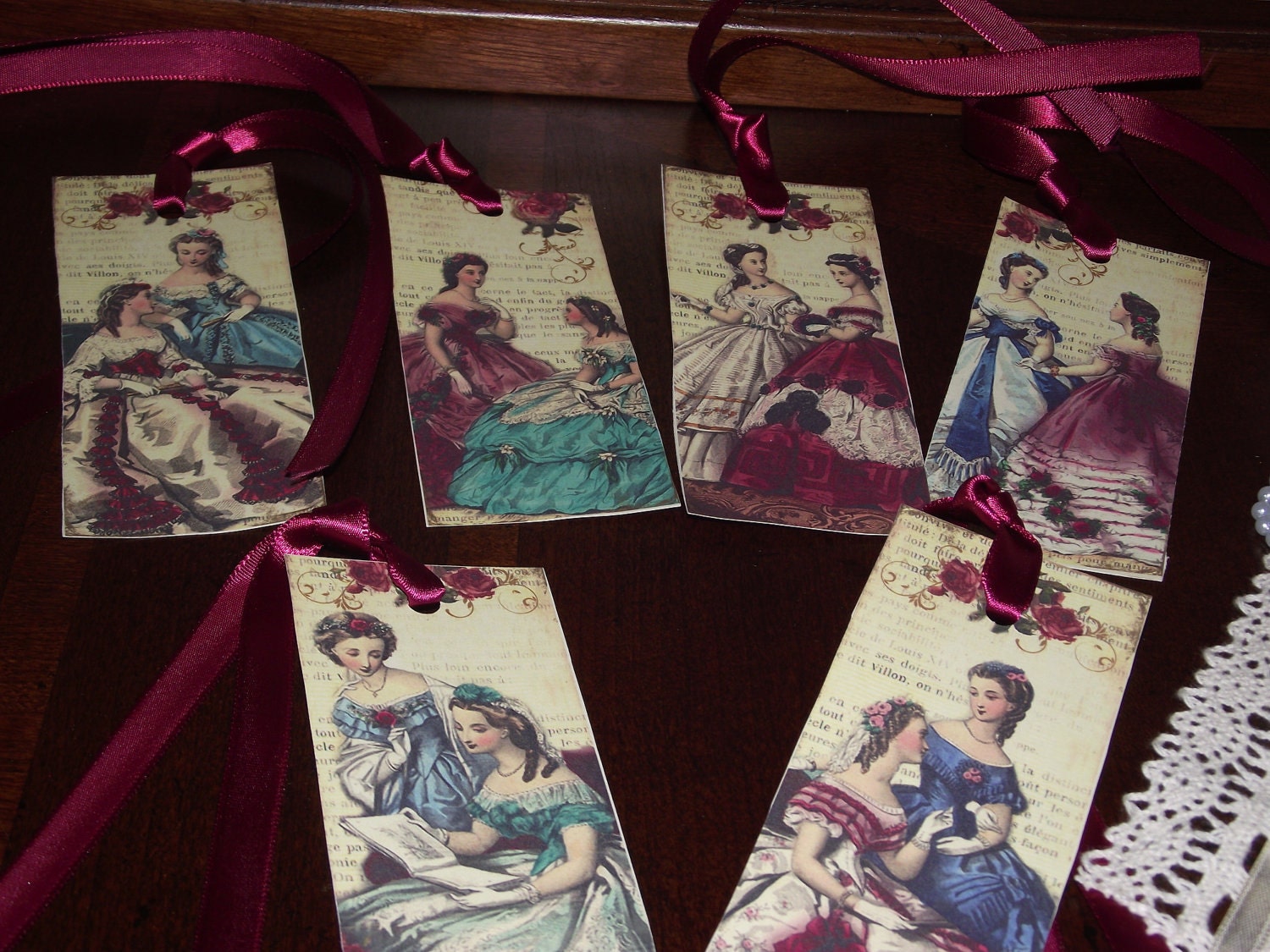 A- 5   Amica  Mia  French  Ladies  Bookmark  With  Burgundy  ribbon