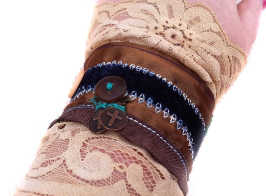 Coffee Wrist Cuff Bracelet, Brown Satin & Cream Lace, Fiber Art Bracelet by Everyday Bohemian on Etsy.