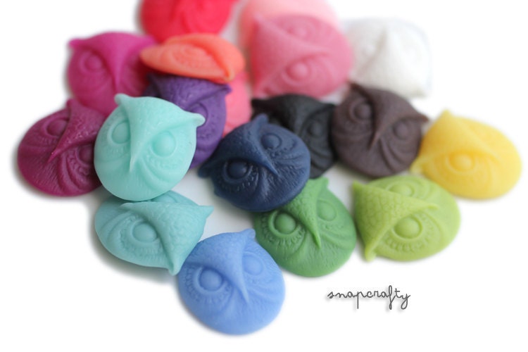 34pc feathery owl face cabochons deluxe set of pairs, matte resin, flatback for gluing to hairpins and rings 15mm