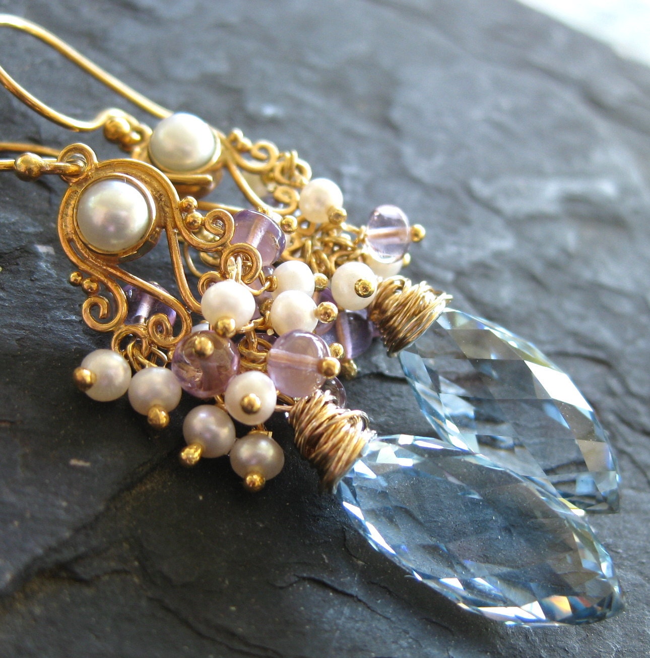 Ice blue quartz earrings, amethyst, seed pearl earrings --Victoria--