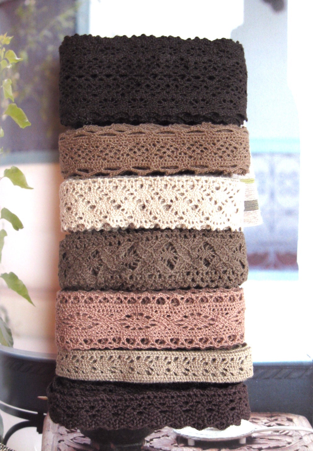 Cotton Lace Fabric Trim - Beige Brown Cream Floral Crochet Cotton Lace Ribbon Trim 7 Designs 14 Meters