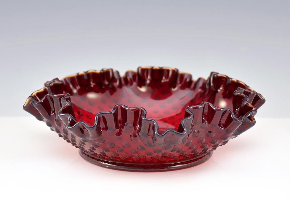 Hobnail Glass Bowl Signed Fenton Ruby Red Ruffle Candy Dish Christmas Vintage - 2400