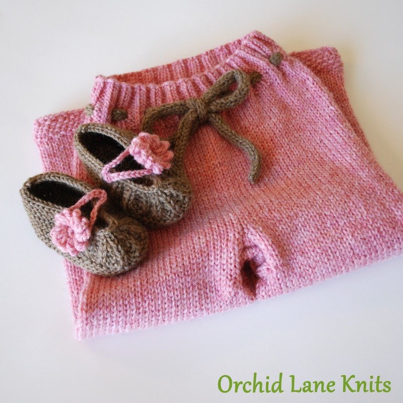 Pink and Camel Wool Longies and Daisy Knit Booties Set