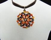 Fire Opal Swarovski Crystal Medallion Bead Woven Pendant Necklace
