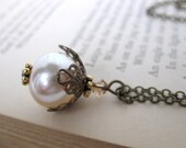 Vintage Pearl Necklace Filigree Swarovski Crystal Antiqued Brass Haskell Glass Pearl. Wagner