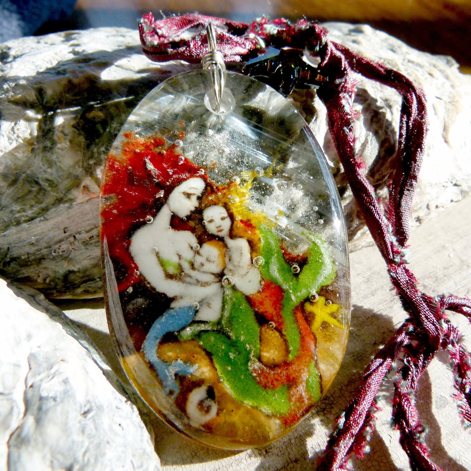 Amazing  mother Mermaid and children  in the water - fused glass pendant