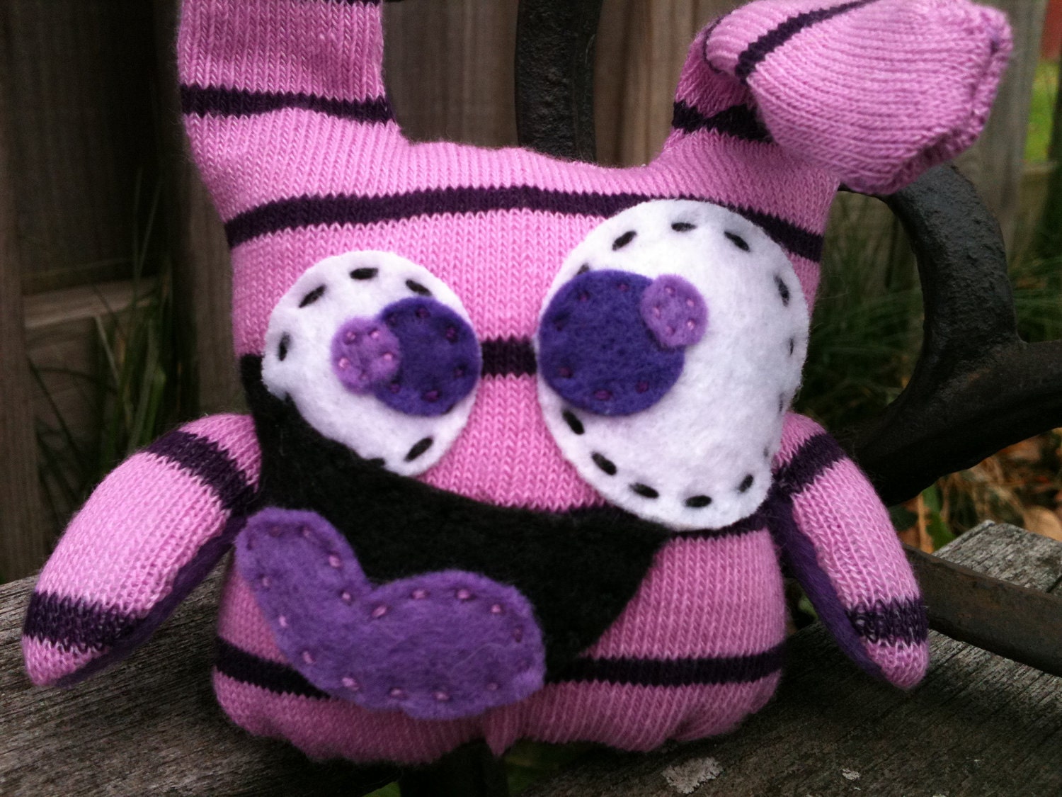 Ready To Ship -- small PURPLE sock monster (stripes)